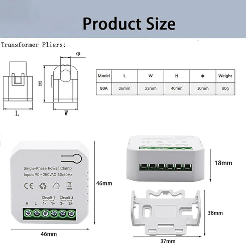 Tuya App Smart Two-Way Bilateral WiFi Energy Meter AC110V 220V 80A with 2PCS 80A CT Current Transformers Clamps