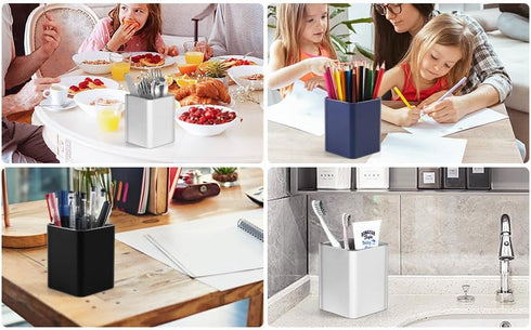 RQB Metal Pen Holder for Desk - Square Aluminum Organizer and Makeup Brush Holder, Gray