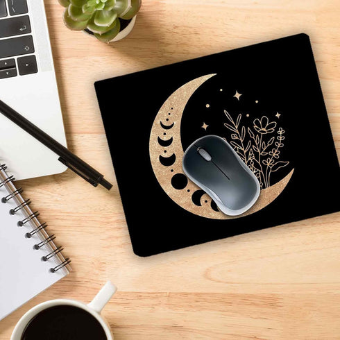 Black Gold Moon Mouse Pad, 9.4 x 7.9 Inch, Boho Non-Slip Rubber Mat for Desk