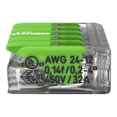 WAGO 221-425 Splicing Connector Green Range, 5-Conductor with levers for 24-12 AWG Conductors, Transparent housing (25