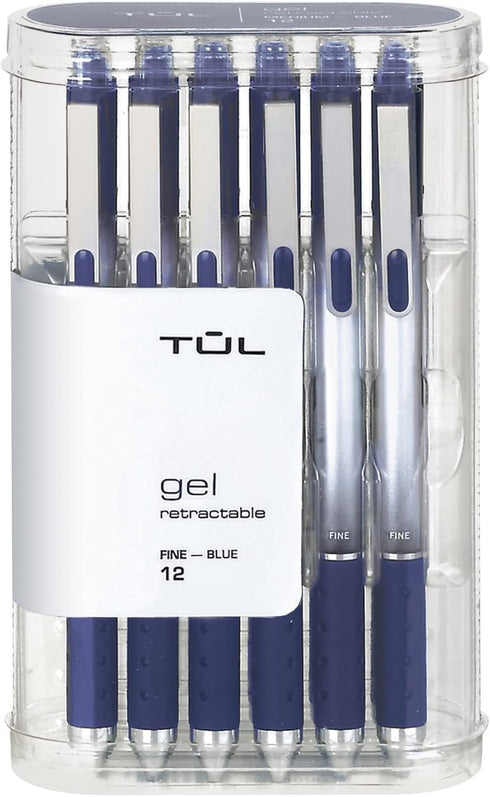 TUL Gel Pens, Retractable, Fine Point, 0.5 mm, Gray Barrel, Blue Ink, Pack of 12