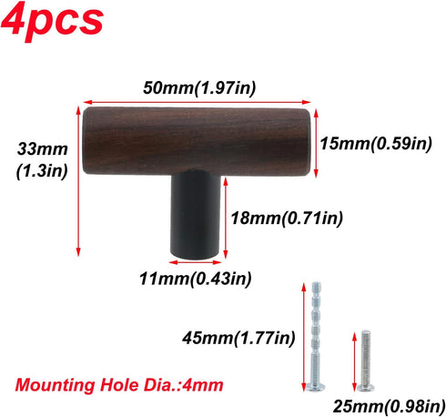 4-Pack 1.97" Antrader Walnut Wood Drawer Pulls, Single Hole T Kitchen/Wardrobe/Cabinet Door Pull Handle with Mounting