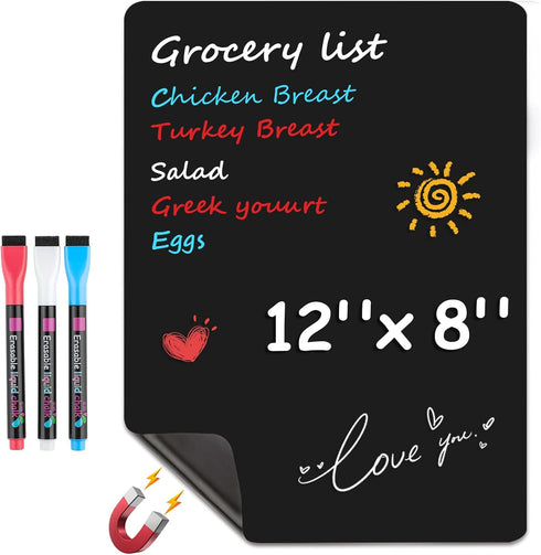 MaxGear Magnetic Black Dry Erase Board Sheet 12"x8" for Refrigerator, Small Whiteboard for Kitchen Planner