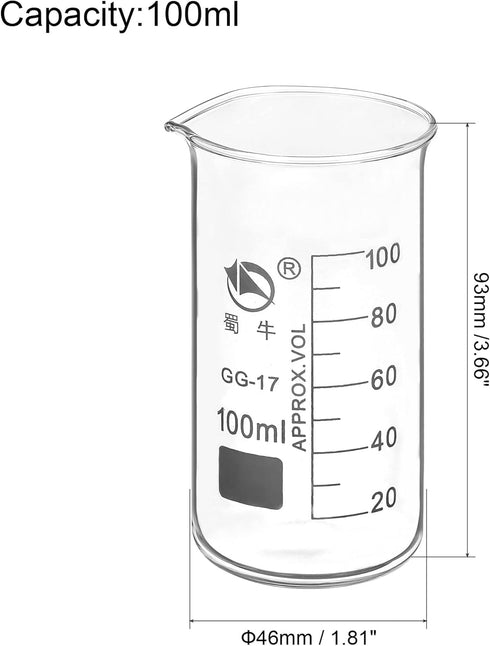 PATIKIL 100ml Tall Form Glass Beaker, 2 Pack 3.3 Borosilicate Glass Graduated Printed Scale Measuring Cups with Spout for Kitchen Lab Liquids Transit Boiling