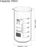 PATIKIL 100ml Tall Form Glass Beaker, 2 Pack 3.3 Borosilicate Glass Graduated Printed Scale Measuring Cups with Spout for Kitchen Lab Liquids Transit Boiling