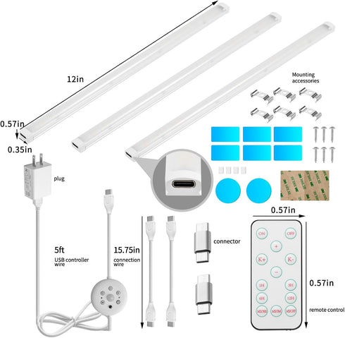Dimmable Kitchen,Bookshelf,Closet 3Pack THLIFURE LED Cabinet Lights Bar with Motion Sensor, Brightness and Color, IR