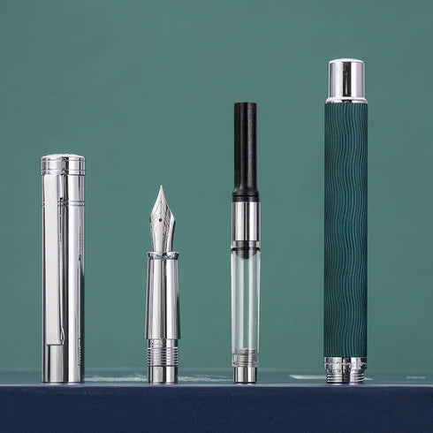 Hongdian 1843 Solid Metal Fountain Pen, Extra Fine Nib, Green Ripple Pattern with Refillable Converter and Case