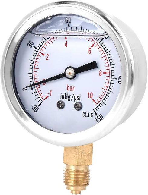 Heayzoki Oil Filled Pressure Gauge, 1/4 BSP Lower Mount, Stainless Steel Liquid Filled, -1-10 bar, Dual Scale