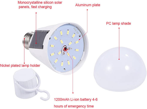 Solar Light Bulbs, Emergency Solar Rechargeable, Outdoor Waterproof Camping Lamps, Portable LED for Tent, 12W
