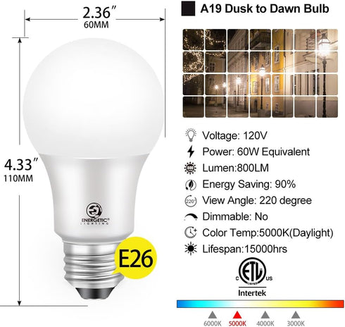 2-Pack Bulb, 60 Equivalent(6W), 800LM, 5000K, E26 Bulb Energetic Dusk to Dawn LED Outdoor Light Watt Daylight Base