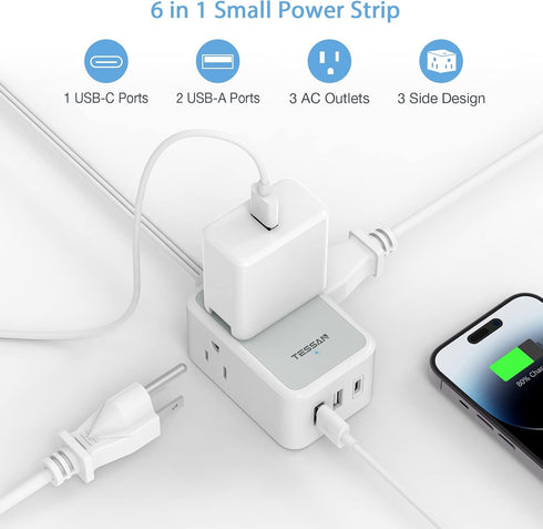 TESSAN Small Flat Plug Power Strip, Ultra Thin Extension Cord with 3 USB Wall Charger, 3 Outlets Mini Charging Station