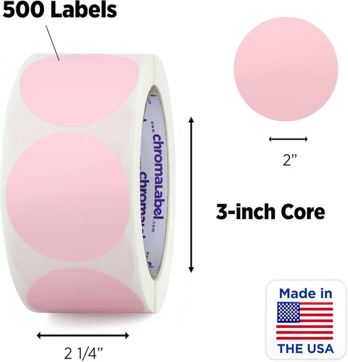 ChromaLabel 2 Inch Round Label Permanent Color Code Dot Stickers, 500 Labels per Roll, Pink.