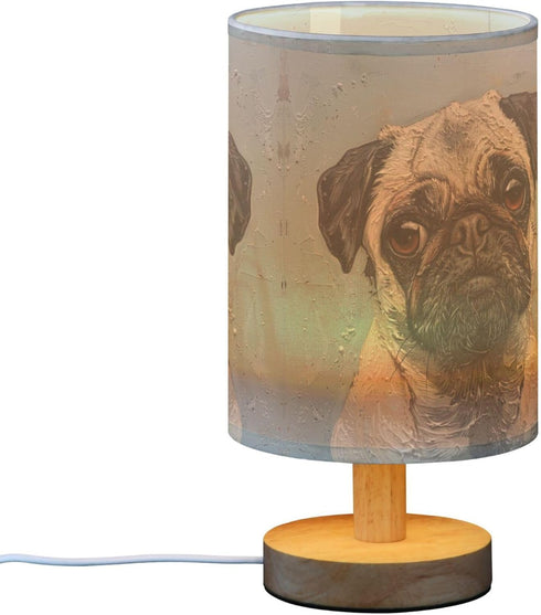 YYZZH Table Lamp Pug Dog Nightstand Lamp with Wood Base Fabric Lamp Shade Bedside Desk Lamp for Living Room Bedroom