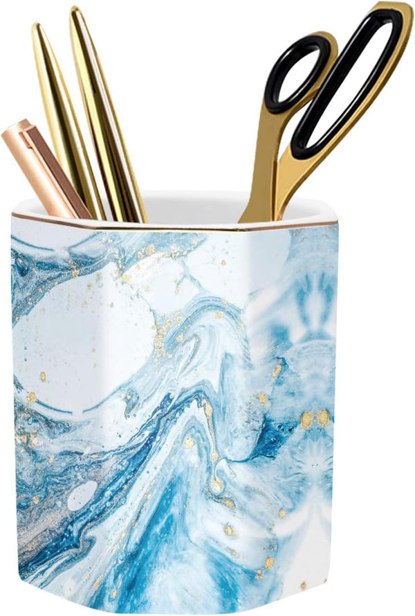 WAVEYU Marble Pattern Pen Holder, Durable Ceramic Pencil Cup for Desk Organizer, Makeup Brush Holder (Blue Marble)