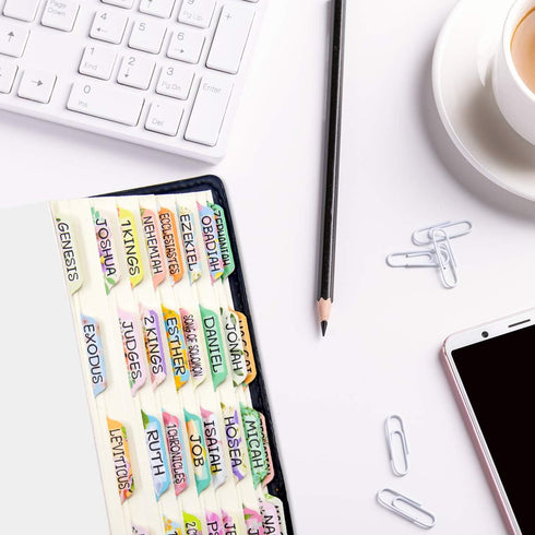 Decorative Laminated Bible Tabs, 100PCS Cute Bible Tabs for Women, 66 Book Tabs, 34 Blank Tabs