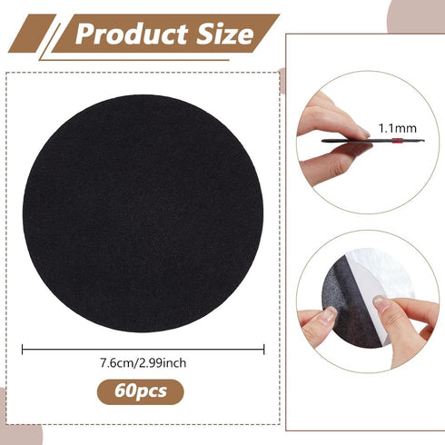 60pcs 3 inch PH PandaHall Black Lamp Base Felt Adhesive Non-Slip Fiber Circles Round Coaster Protectors for Furniture