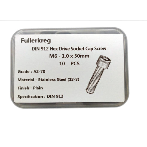 Fullerkreg M6-1.0 x 50MM Socket Head Cap Screws, Allen Socket Drive, AISI 304 Stainless Steel, Quantity 10