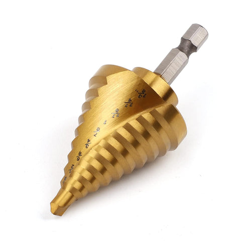 COMOWARE Hex Shank HSS Step Drill Bit with Two Spiral Flutes and Titanium Coating - 10 Step Sizes (1/4” – 1-3/8”) - Ideal for Metal, Stainless Steel, Aluminum, Wood, and Plastic