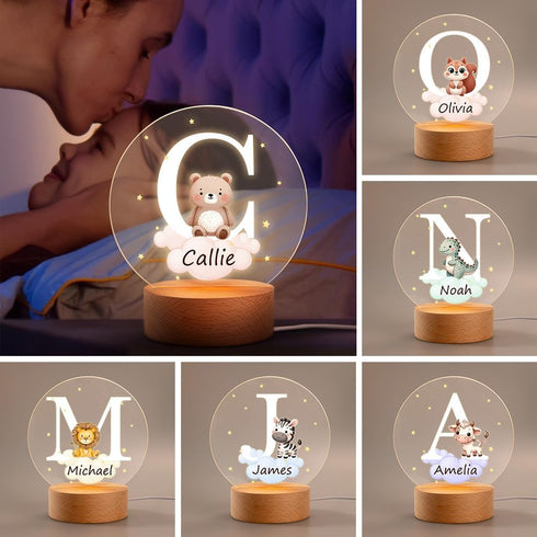 callie Acrylic Night Light Name Plate Personalized, Custom Cute Forest Animals with Wooden Base Bedroom Decor, Birthday