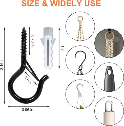 Yamlnke 2.16 Inches, 5 Pack, Heavy Duty Ceiling Screw Hooks with Safety Buckle, Black Metal, for Hanging Plants, String