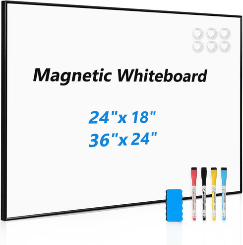 Magnetic Whiteboard - 24"x18" Black Aluminum Frame Dry Erase Board with 6 Magnets, 4 Markers & 1 Eraser