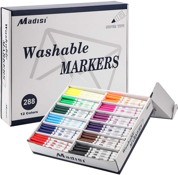 Madisi Washable Super Tips Markers, Assorted Colors, Classroom Bulk Pack, 288 Count