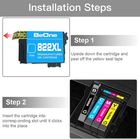 BeOne 822XL Ink Cartridges Remanufactured Replacement for Epson 822 XL, Workforce Pro WF-3820 Printer