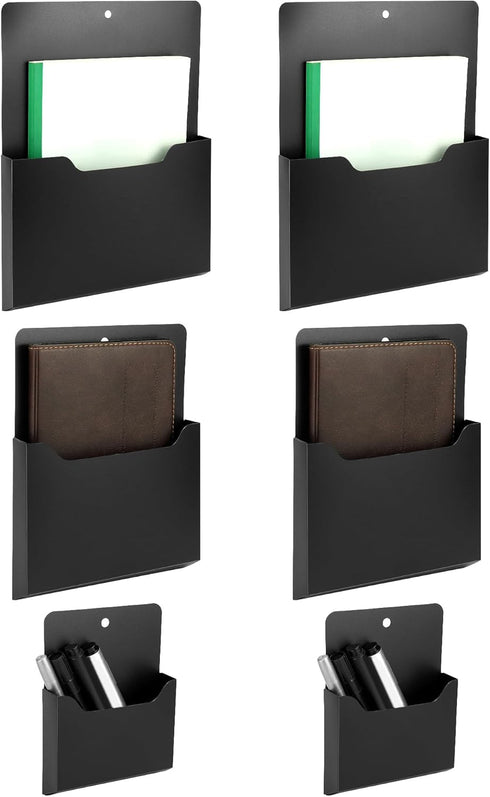 QWORK Multi-Sized Magnetic File Holder Set - 6 Pack Black Polypropylene Organizers with Magnetic Back for Home and