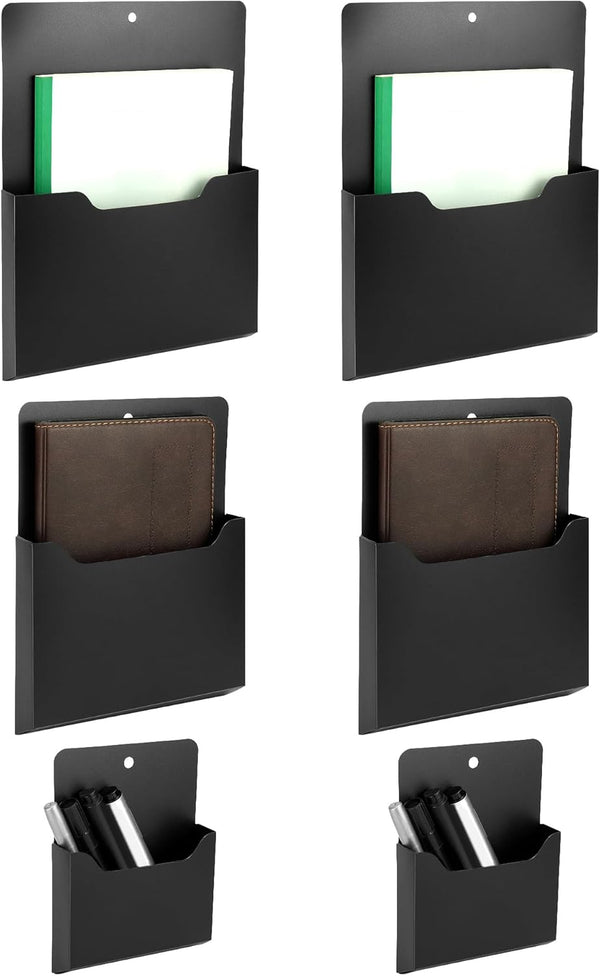 QWORK Multi-Sized Magnetic File Holder Set - 6 Pack Black Polypropylene Organizers with Magnetic Back for Home and
