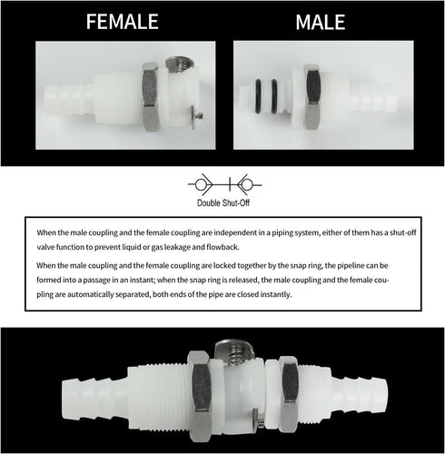 2PCS 1/4" 3/8" 5/16" Plastic Tube In-Line Hose Quick Connector with Shut-Off Valve, Female Quick Connect