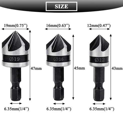 3Pcs Countersink Drill Bits 5 Flute 90 Degree Chamfering Countersink Drill Bit Set with 1/4'' Hex Shank Woodworking Chamfer Drilling Tool Carbon Steel 12mm/16mm/19mm