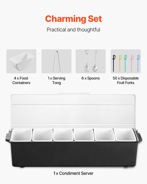 6 VEVOR Chilled Condiment Server, Compartment Ice Cooled Condiment Serving Container, Chilled Garnish Tray Bar Caddy