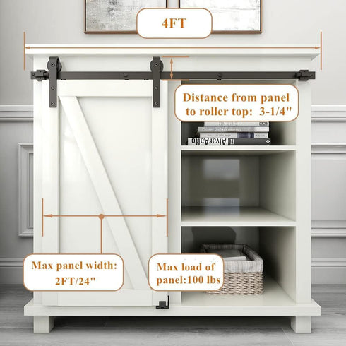 FLYVLIEG 4FT Super Mini Sliding Barn Door Hardware Kit for Single Door TV Stands Small Cabinets, J-Shaped Hanger (No