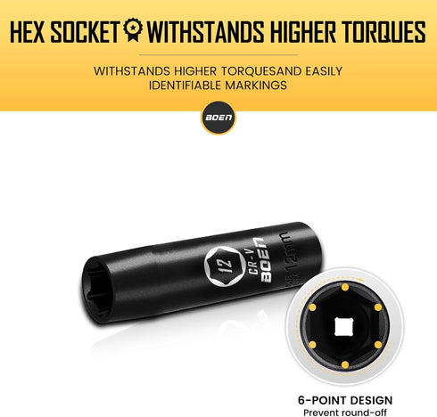 1/2" Drive Deep Impact Socket, 12mm Premium Metric Socket, 6 Point, Cr-V Steel