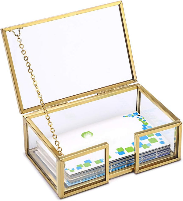 Hipiwe Glass Business Card Holder with Lid, Desktop Name Card Display Box Organizer, Gold Metal Container for Office