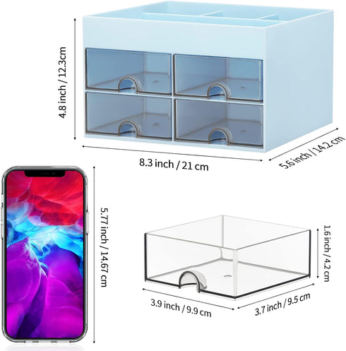 LETURE Desk Organizer with Drawer, Blue Desktop Accessories Caddy for Pens, Business Cards, and Paperclips