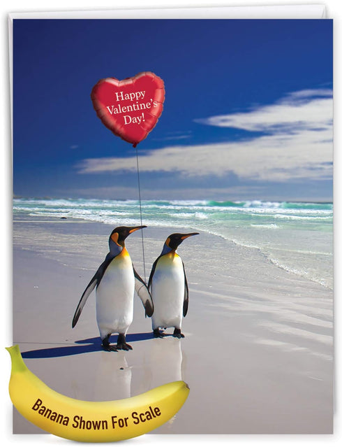 NobleWorks Big Animal Valentines Card with Envelope, Jumbo Notecard for Valentine's Day, Beach Penguins J3514VDG