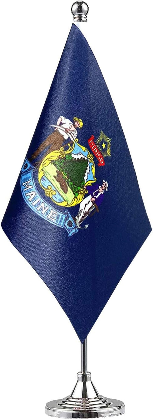 GentleGirl.USA Maine State Flag, Small Mini Desk Flag on Stand Base for US Festival Events Decoration