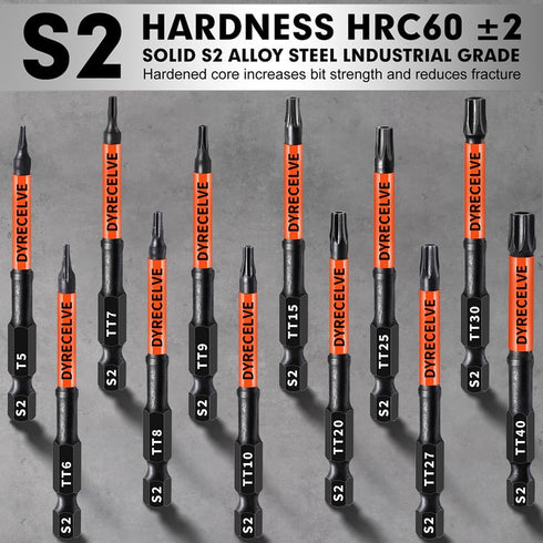 12-Pack Set (T5-T40) 3-Inch S2 Set, 1/4" Impact Security Torx Bit Long, Steel, Professional Tamper Proof Star Bits