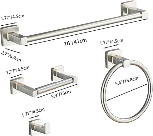 bluebyrne Set 4 Set 16In Set Brushed Nickel Bathroom Hardware Pieces,Towel Bar Stainless Steel Wall Mounted, Includes