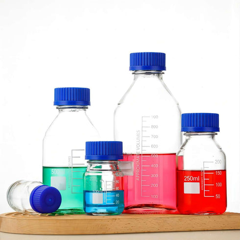 250ml Reagent Media Bottle, Graduated Glass Round Storage Bottle with Blue GL45 Screw Cap, Clear