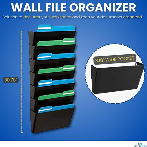 Wall File Organizer with Expandable Wall Pockets, 7 Pocket, Letter-Sized, Black