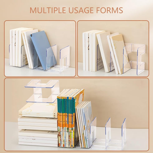 Qsvbeeqj 4 Acrylic Book End for Shelves Compartments Book End Desk Book Stopper Magazine Stand Space Saving Book