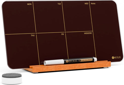 Desk Weekly Glass Dry Erase Board with Detachable Wood Stand, Burgundy Red, Small Calendar To Do List Planner