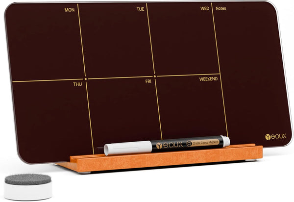 Desk Weekly Glass Dry Erase Board with Detachable Wood Stand, Burgundy Red, Small Calendar To Do List Planner