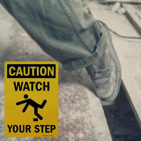 SmartSign-S-4431-AL-14 "Caution - Watch Your Step" Sign | Aluminum 10" x 14", Black on Yellow