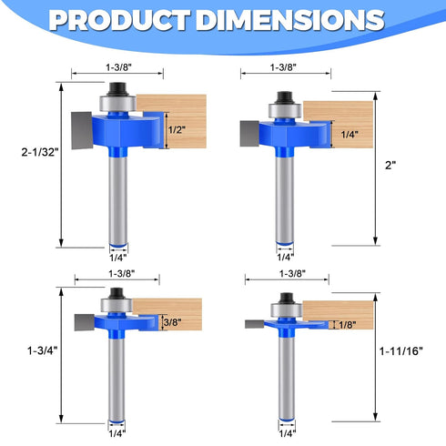 Mikniri 4 Set 1/4 Inch 6 Set, Pcs Rabbeting Router Bits Shank, Carbide Tipped Rabbet Router Bit with Bearings Router