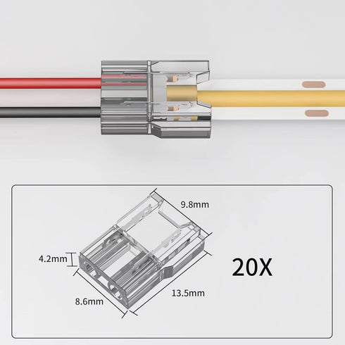 COB LED Light Strip Connectors - 20pcs 8mm 2Pin Solderless LED Tape Light Connectors for DIY COB/SMD Strip Lights