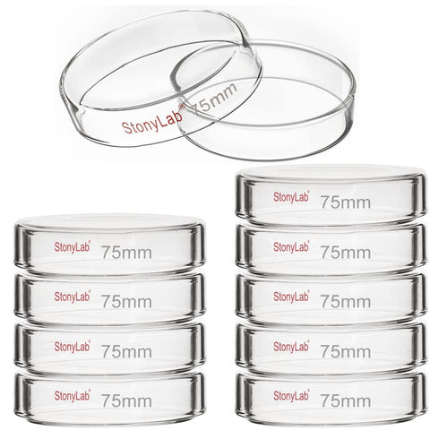 stonylab 10pk Glass Petri Dishes, 75x15 mm Autoclavable Borosilicate Glass Cell Culture Dishes with Clear Lid