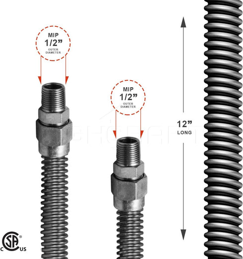 GUHD-TT14-12B Gas Line Hose 3/8'' O.D. x 12'' Length with 1/2 in. MIP Fitting, Uncoated Stainless Steel Flexible Connector, 12 Inch by Highcraft